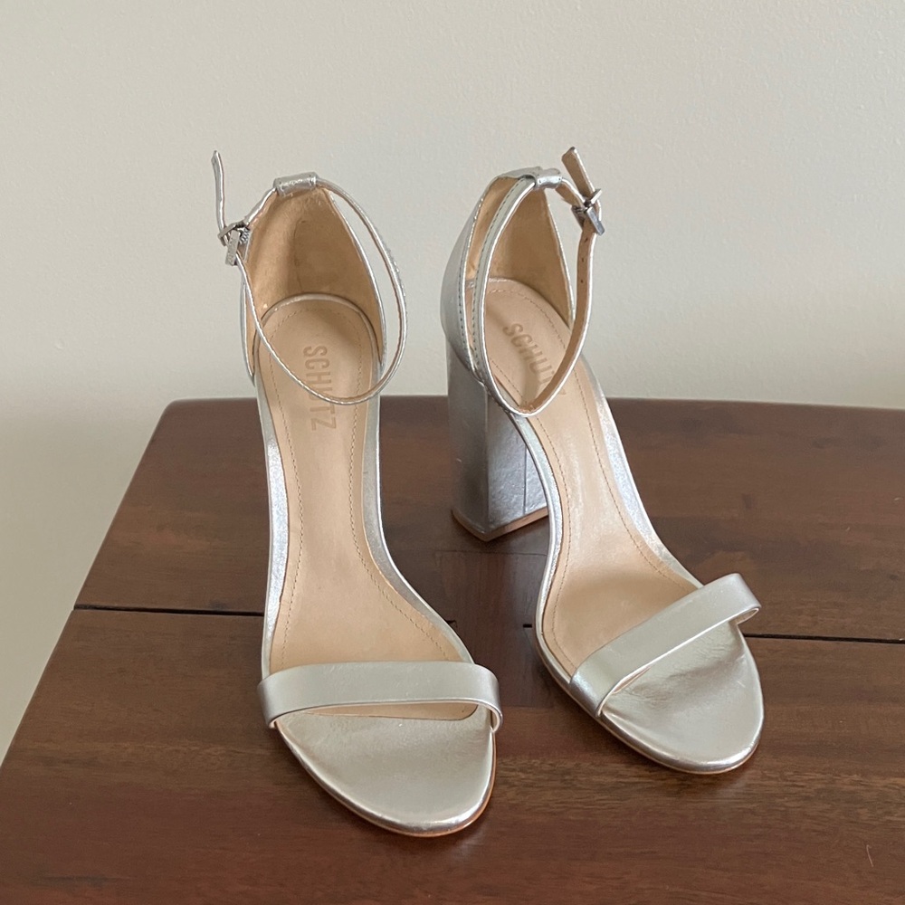 Metallic Silver Ankle Strap Heels
